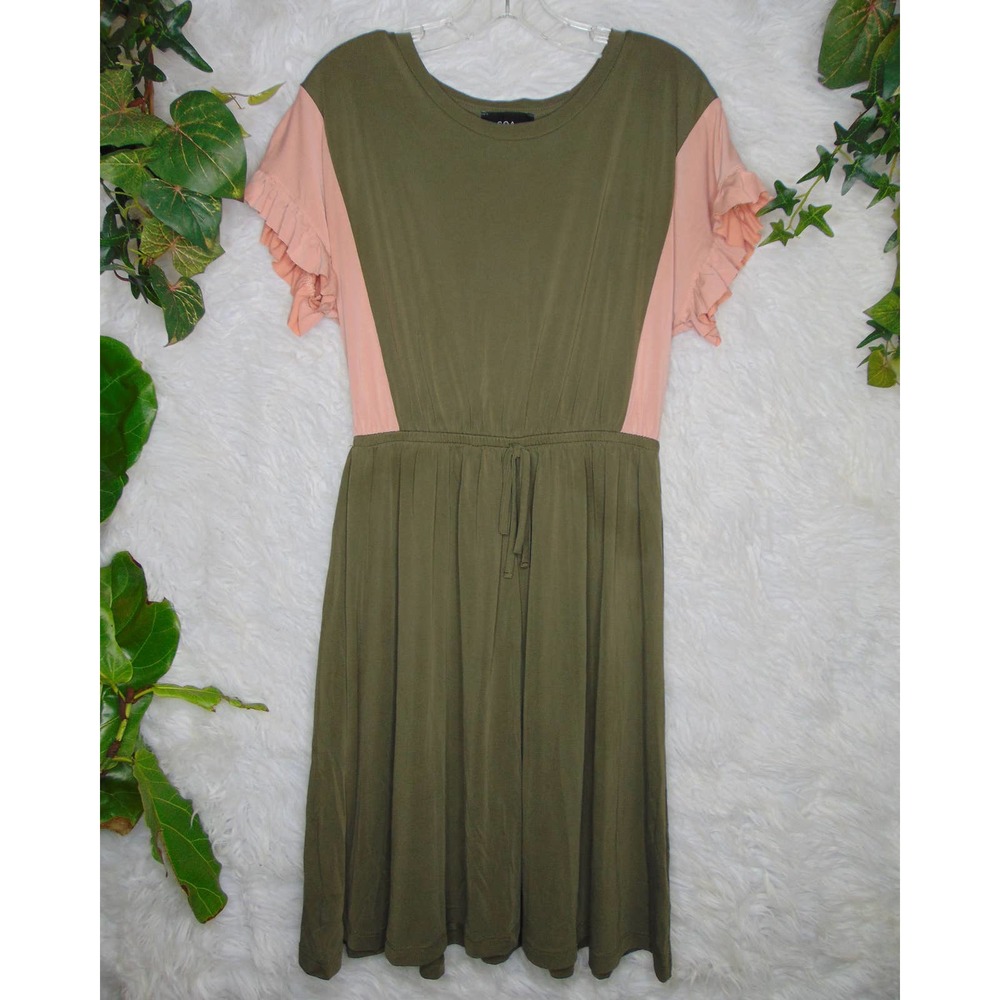 COA | Women Dress Pleated Skirt Green Peach Tie at Waist Ruffle Sleeve Size MP